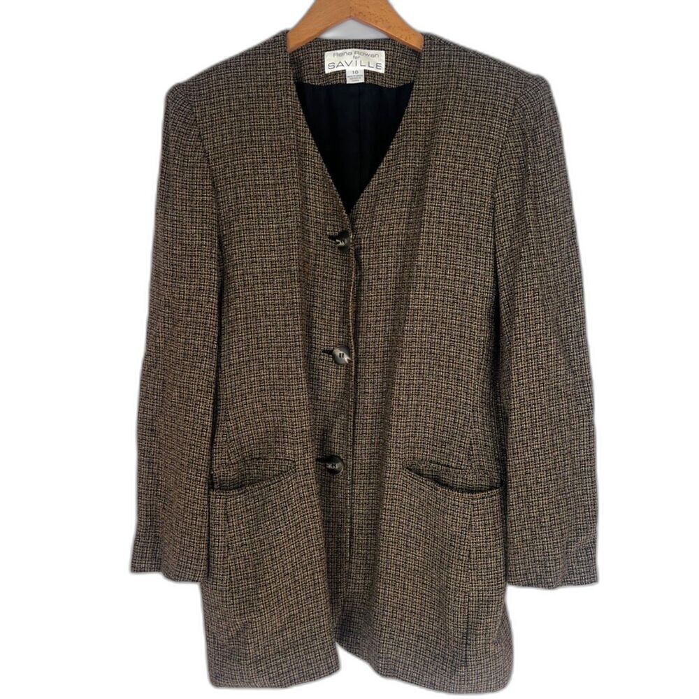 Rena Rowan for Saville Brown Tweed Single Breasted 3 Button Long Blazer Size 10
